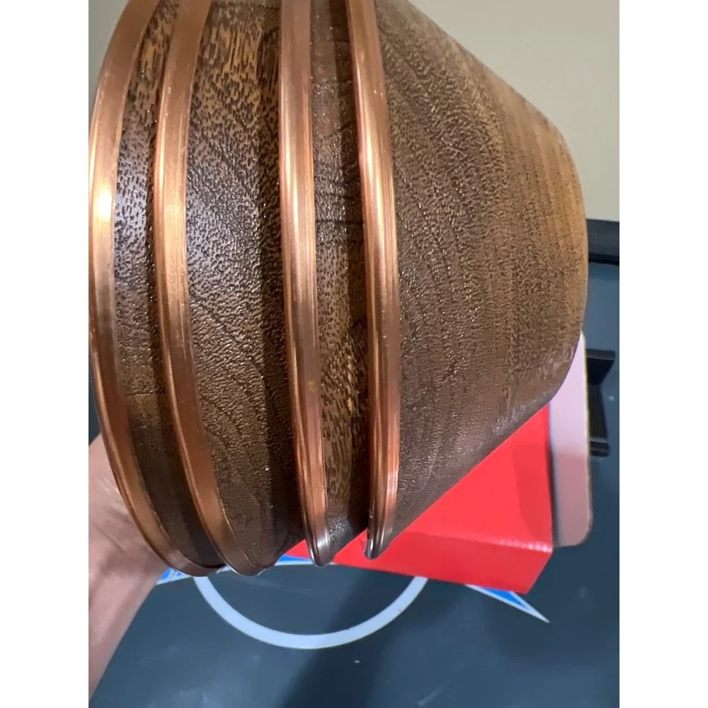 Vintage Faux Wood Grain Salad Bowls Set of 4 Copper Rim Metallic Trim Brown